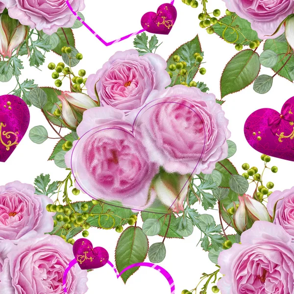 Patrón sin costura floral. Arreglo floral, ramo de delicadas rosas rosadas, bayas verdes, hojas. Figuras en forma de corazón. Amantes del Día de San Valentín . —  Fotos de Stock
