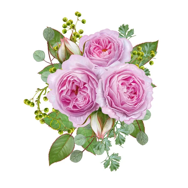 Sfondo Floreale Ghirlanda Fiori Rose Rosa Teneri Bacche Foglie Biglietto — Foto Stock