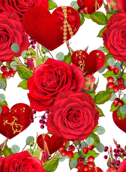 Φλοράλ άνευ ραφής. Ανθοδετική. Γιρλάντα από φωτεινά κόκκινα τριαντάφυλλα, λουλούδια, πράσινο μούρα, φύλλα. Φιγούρες με τη μορφή της καρδιάς. Ημέρα του Αγίου Βαλεντίνου εραστές. — Φωτογραφία Αρχείου