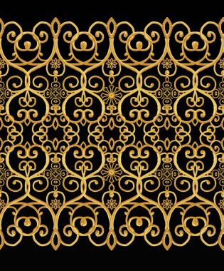 Seamless modeli. Altın dokulu bukleler. Oryantal tarzı Arabesk. Parlak dantel, stilize çiçekler. Narin, altın siyah arka plan dokuma Ajur.