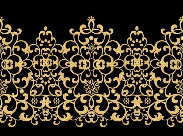 Seamless pattern. Golden textured curls. Oriental style arabesques. Brilliant lace, stylized flowers. Openwork weaving delicate, golden black background. — Stock Photo, Image