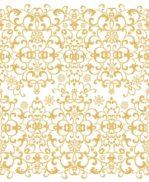 Seamless pattern. Golden textured curls. Oriental style arabesques. Brilliant lace, stylized flowers. Openwork weaving delicate, golden black background. — Stock Photo, Image