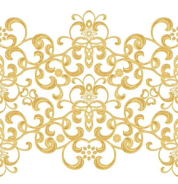 Seamless pattern. Golden textured curls. Oriental style arabesques. Brilliant lace, stylized flowers. Openwork weaving delicate, golden black background. — Stock Photo, Image