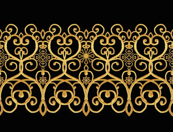Patrón sin costuras. Rizos dorados texturizados. Arabescos de estilo oriental. Encaje brillante, flores estilizadas. Tejido calado delicado, fondo negro dorado . — Foto de Stock