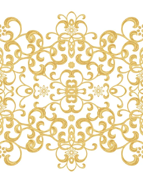 シームレス パターン。黄金の質感カール。オリエンタル スタイル アラベスク。華麗なレース、様式化された花です。繊細な黄金色の黒い背景を織りの透かし彫り. — ストック写真