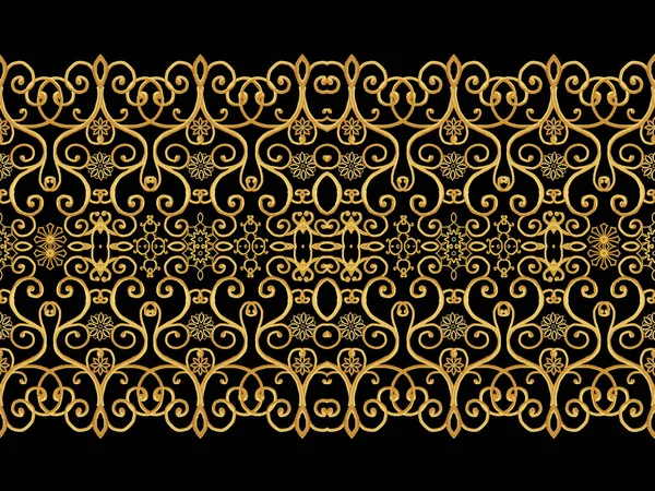 Jednolity wzór. Złote Loki teksturą. Styl Orientalny arabeski. Genialny koronki, stylizowane kwiaty. Ażurowe tkania delikatny, złote, czarne tło. — Zdjęcie stockowe