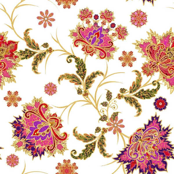 Patrón Sin Costuras Rizos Dorados Texturizados Encaje Brillante Flores Estilizadas —  Fotos de Stock