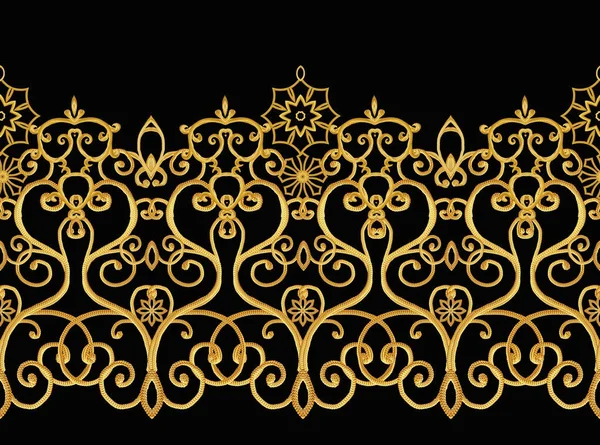 Padrão sem costura. Cachos texturizados dourados. Arabescos de estilo oriental. Renda brilhante, flores estilizadas. Openwork tecelagem delicada, fundo preto dourado . — Fotografia de Stock