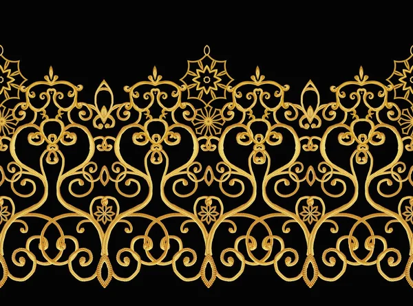 Seamless pattern. Golden textured curls. Oriental style arabesques. Brilliant lace, stylized flowers. Openwork weaving delicate, golden black background. — Stock Photo, Image