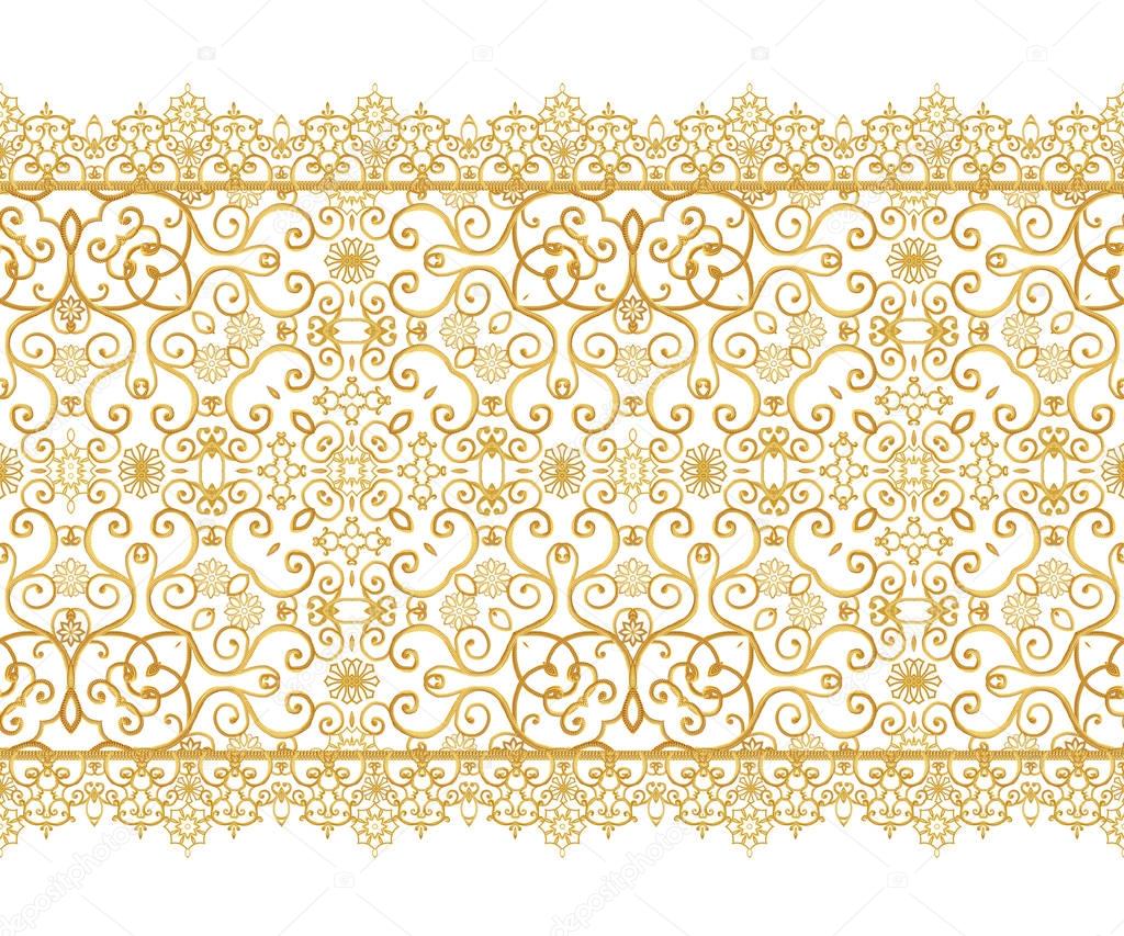 Seamless pattern. Golden textured curls. Oriental style arabesques. Brilliant lace, stylized flowers. Openwork weaving delicate, golden black background.