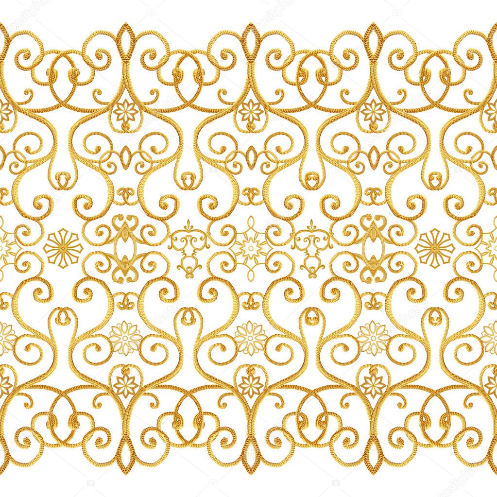 Seamless pattern. Golden textured curls. Oriental style arabesques. Brilliant lace, stylized flowers. Openwork weaving delicate, golden black background.