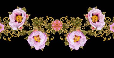 Seamless modeli. Altın dokulu bukleler. Parlak dantel, stilize çiçekler. Narin, altın arka plan, Paisley dokuma Ajur.