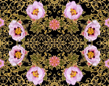 Seamless modeli. Altın dokulu bukleler. Parlak dantel, stilize çiçekler. Narin, altın arka plan, Paisley dokuma Ajur.