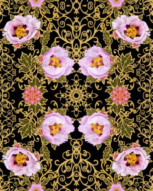 Seamless modeli. Altın dokulu bukleler. Parlak dantel, stilize çiçekler. Narin, altın arka plan, Paisley dokuma Ajur.