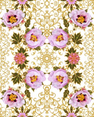 Seamless modeli. Altın dokulu bukleler. Parlak dantel, stilize çiçekler. Narin, altın arka plan, Paisley dokuma Ajur.