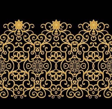 Seamless modeli. Altın dokulu bukleler. Oryantal tarzı Arabesk. Parlak dantel, stilize çiçekler. Narin, altın arka plan dokuma Ajur.