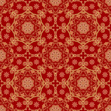 Seamless modeli. Altın dokulu bukleler. Parlak dantel, stilize çiçekler. Narin, altın arka plan, Paisley dokuma Ajur.