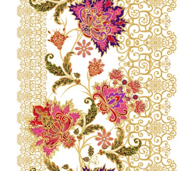 Seamless modeli. Altın dokulu bukleler. Parlak dantel, stilize çiçekler. Narin, altın arka plan, Paisley dokuma Ajur.