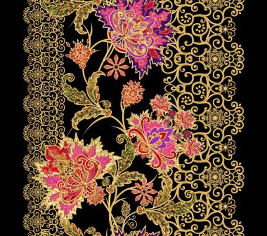 Seamless modeli. Altın dokulu bukleler. Parlak dantel, stilize çiçekler. Narin, altın arka plan, Paisley dokuma Ajur.