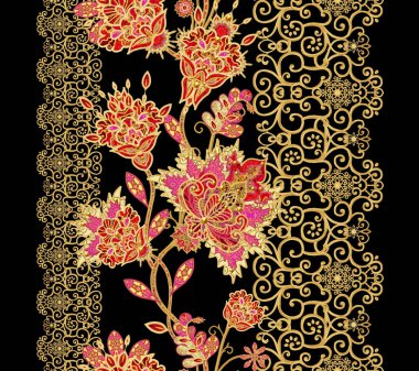 Seamless modeli. Altın dokulu bukleler. Parlak dantel, stilize çiçekler. Narin, altın arka plan, Paisley dokuma Ajur.