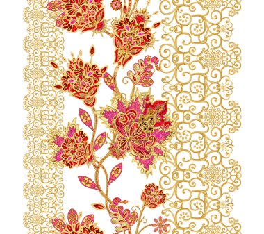 Seamless modeli. Altın dokulu bukleler. Parlak dantel, stilize çiçekler. Narin, altın arka plan, Paisley dokuma Ajur.