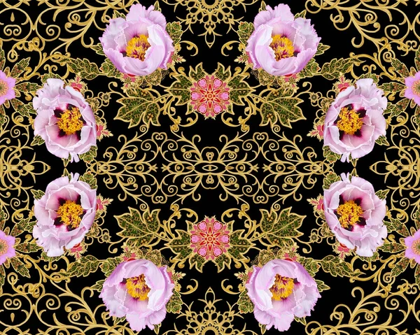 Seamless Mönster Gyllene Texturerat Lockar Lysande Spetsar Stiliserade Blommor Genombrutna — Stockfoto