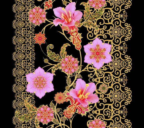 Seamless modeli. Altın dokulu bukleler. Parlak dantel, stilize çiçekler. Narin, altın arka plan, Paisley dokuma Ajur.