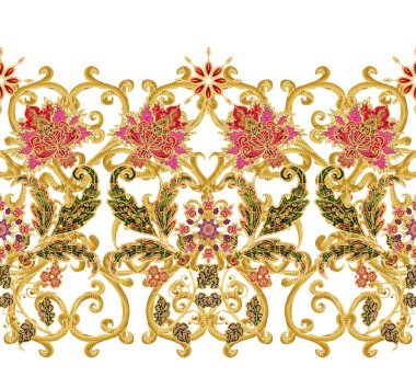 Seamless modeli. Altın dokulu bukleler. Parlak dantel, stilize çiçekler. Narin, altın arka plan, Paisley dokuma Ajur.