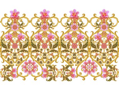 Seamless modeli. Altın dokulu bukleler. Parlak dantel, stilize çiçekler. Narin, altın arka plan, Paisley dokuma Ajur.