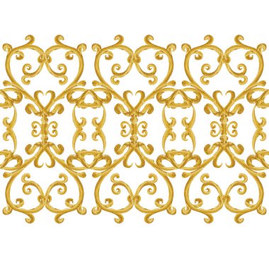 Seamless modeli. Altın dokulu bukleler. Oryantal tarzı Arabesk. Parlak dantel, stilize çiçekler. Narin, altın arka plan dokuma Ajur.