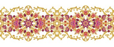 Seamless modeli. Altın dokulu bukleler. Parlak dantel, stilize çiçekler. Narin, altın arka plan, Paisley dokuma Ajur.