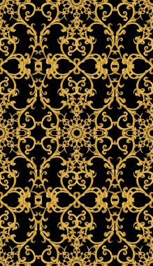 Seamless modeli. Altın dokulu bukleler. Oryantal tarzı Arabesk. Parlak dantel, stilize çiçekler. Narin, altın arka plan dokuma Ajur.