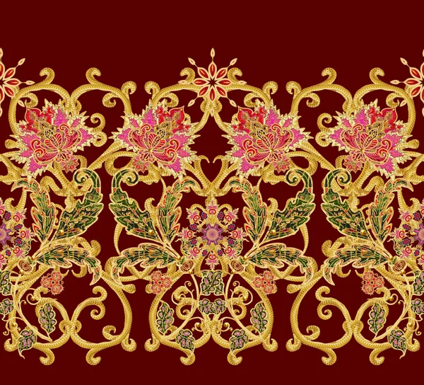Seamless Mönster Gyllene Texturerat Lockar Lysande Spetsar Stiliserade Blommor Genombrutna — Stockfoto