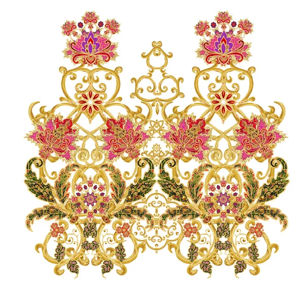 Стилізовані Золоті Блискучі Квіти Високих Стеблах Елементи Декору Пейслі Ізольовані — стокове фото