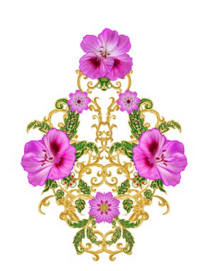 Stilize altın parlak çiçek desenli dekor unsurları, yüksek kaynaklanıyor. Beyaz arka plan üzerinde izole.