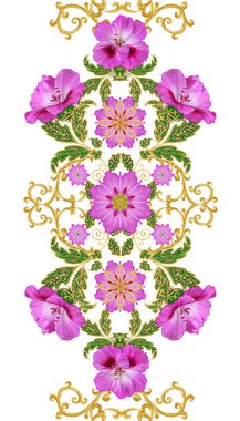 Seamless modeli. Altın dokulu bukleler. Parlak dantel, stilize çiçekler. Narin, altın arka plan, Paisley dokuma Ajur.