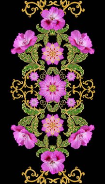 Seamless modeli. Altın dokulu bukleler. Parlak dantel, stilize çiçekler. Narin, altın arka plan, Paisley dokuma Ajur.