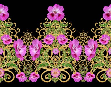 Seamless modeli. Altın dokulu bukleler. Parlak dantel, stilize çiçekler. Narin, altın arka plan, Paisley dokuma Ajur.