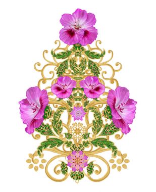 Stilize altın parlak çiçek desenli dekor unsurları, yüksek kaynaklanıyor. Beyaz arka plan üzerinde izole.