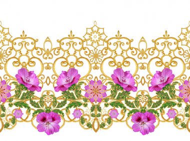 Seamless modeli. Altın dokulu bukleler. Parlak dantel, stilize çiçekler. Narin, altın arka plan, Paisley dokuma Ajur.