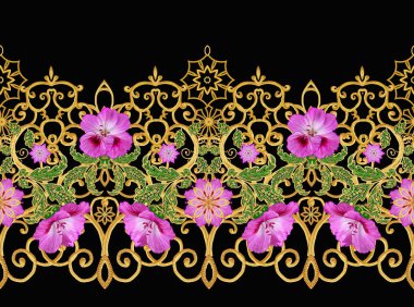 Seamless modeli. Altın dokulu bukleler. Parlak dantel, stilize çiçekler. Narin, altın arka plan, Paisley dokuma Ajur.