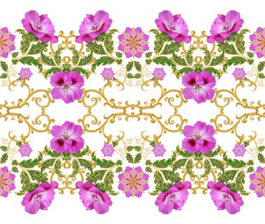 Seamless modeli. Altın dokulu bukleler. Parlak dantel, stilize çiçekler. Narin, altın arka plan, Paisley dokuma Ajur.