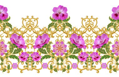 Seamless modeli. Altın dokulu bukleler. Parlak dantel, stilize çiçekler. Narin, altın arka plan, Paisley dokuma Ajur.