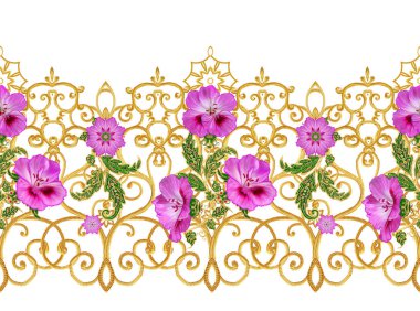 Seamless modeli. Altın dokulu bukleler. Parlak dantel, stilize çiçekler. Narin, altın arka plan, Paisley dokuma Ajur.