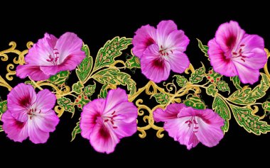 Seamless modeli. Altın dokulu bukleler. Parlak dantel, stilize çiçekler. Narin, altın arka plan, Paisley dokuma Ajur.