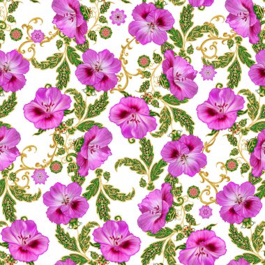 Seamless modeli. Altın dokulu bukleler. Parlak dantel, stilize çiçekler. Narin, altın arka plan, Paisley dokuma Ajur.