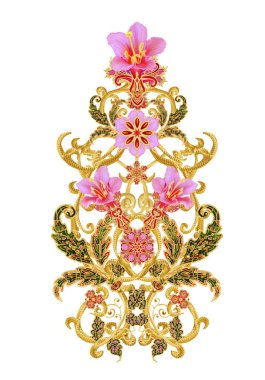 Stilize altın parlak çiçek desenli dekor unsurları, yüksek kaynaklanıyor. Beyaz arka plan üzerinde izole.