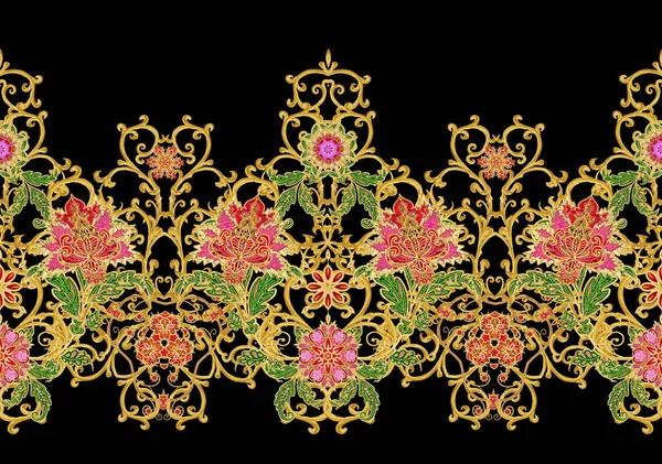 Vzor Bezešvé Zlaté Texturou Kadeře Brilantní Krajky Stylizované Květiny Prolamované — Stock fotografie