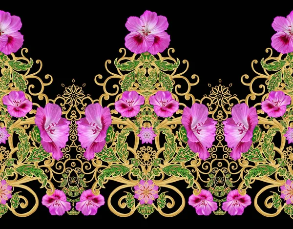 Nahtloses Muster Goldene Strukturierte Locken Brillante Spitze Stilisierte Blumen Durchbrochene — Stockfoto
