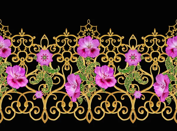 Seamless Modeli Altın Dokulu Bukleler Parlak Dantel Stilize Çiçekler Narin — Stok fotoğraf